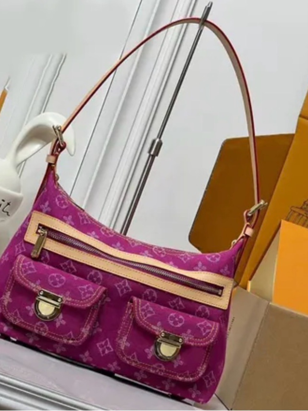 Coming soon Pink Designer Monogram Shoulder Bag with Front Pockets